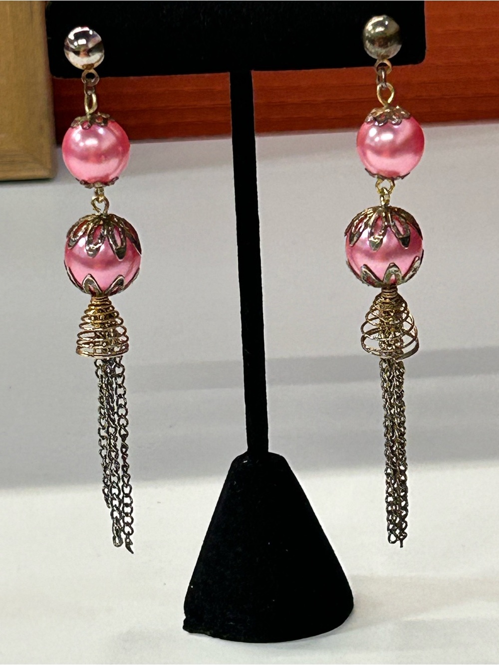 Vintage Pink Pearl Drop Tassel Earrings